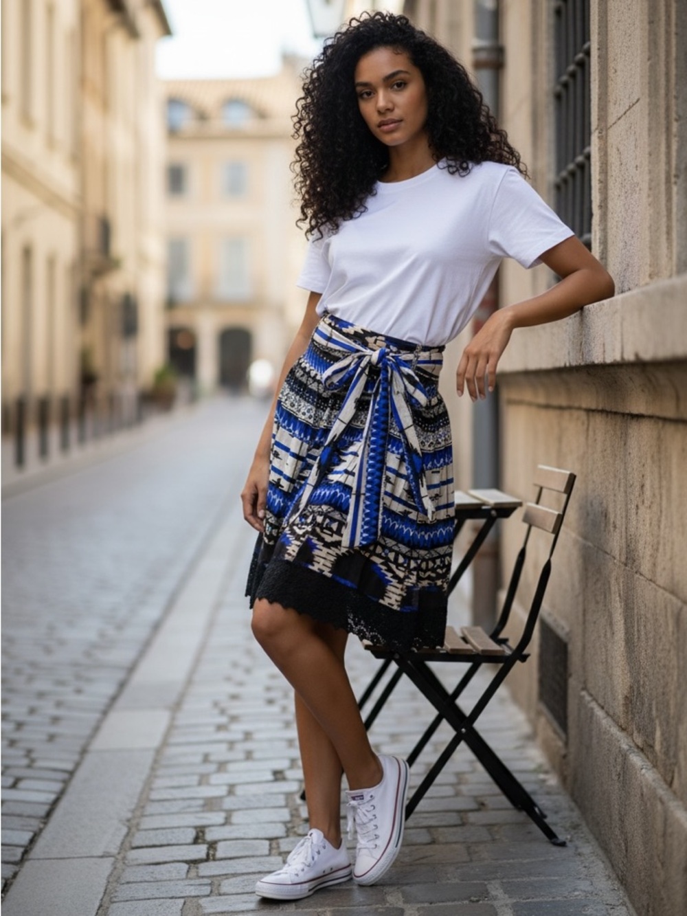 Mix Nouveau Tie-Waist Mini Skirt in Blue and Black Aztec Print Size M